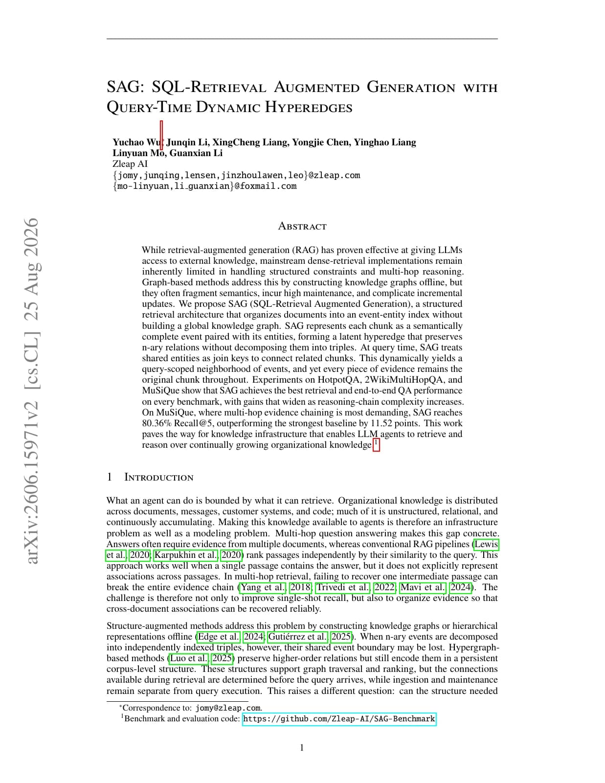SAG 论文首页:SQL-Retrieval Augmented Generation with Query-Time Dynamic Hyperedges