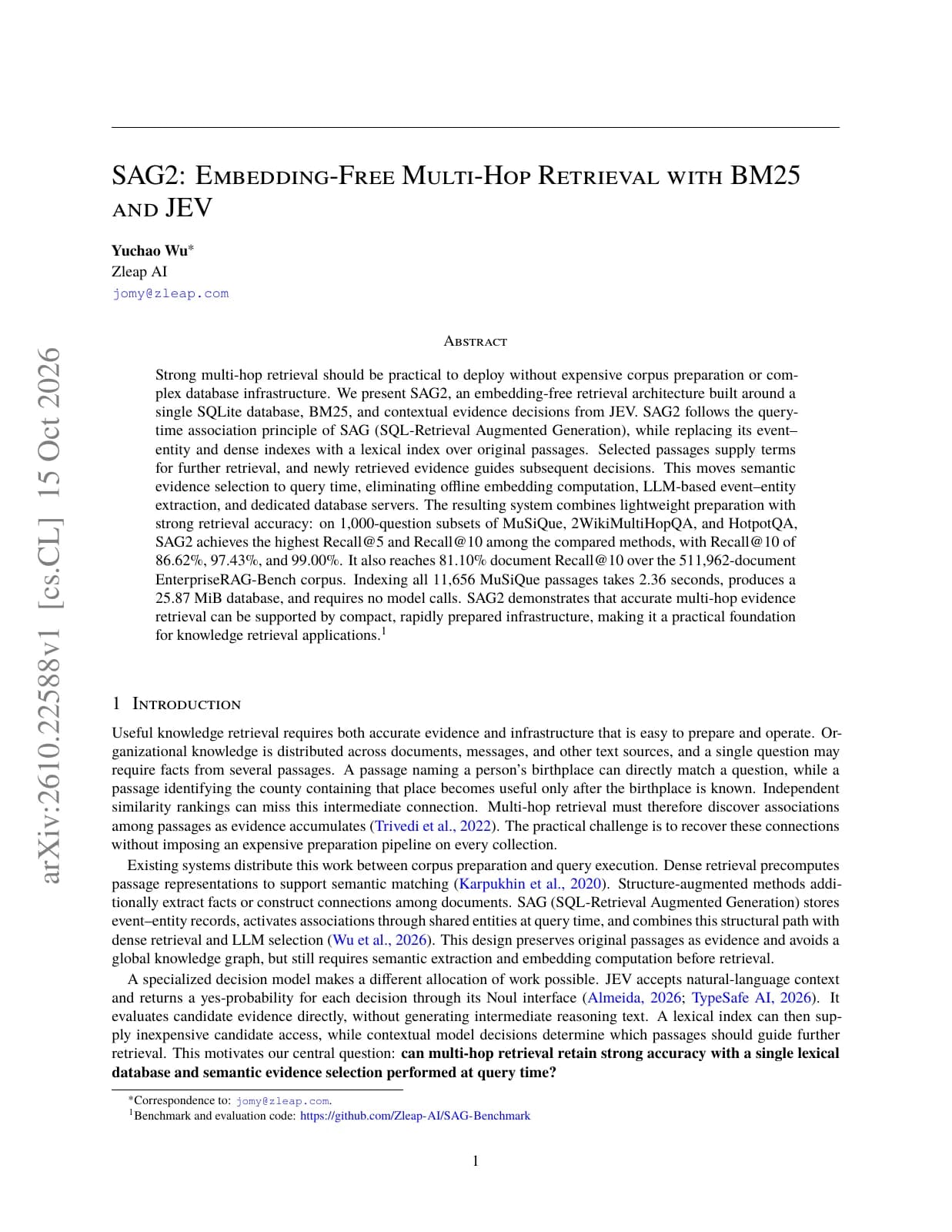 SAG2 论文首页:Embedding-Free Multi-Hop Retrieval with BM25 and JEV